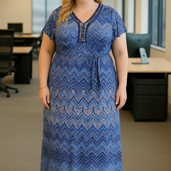 NY Collection Beaded Self Tie Blue Maxi Dress 1X Petite - Picture 3 of 9